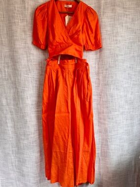 NWT adL Linen Matching Set Crop Puff Sleeve Open Back Top Pants Orange Size L